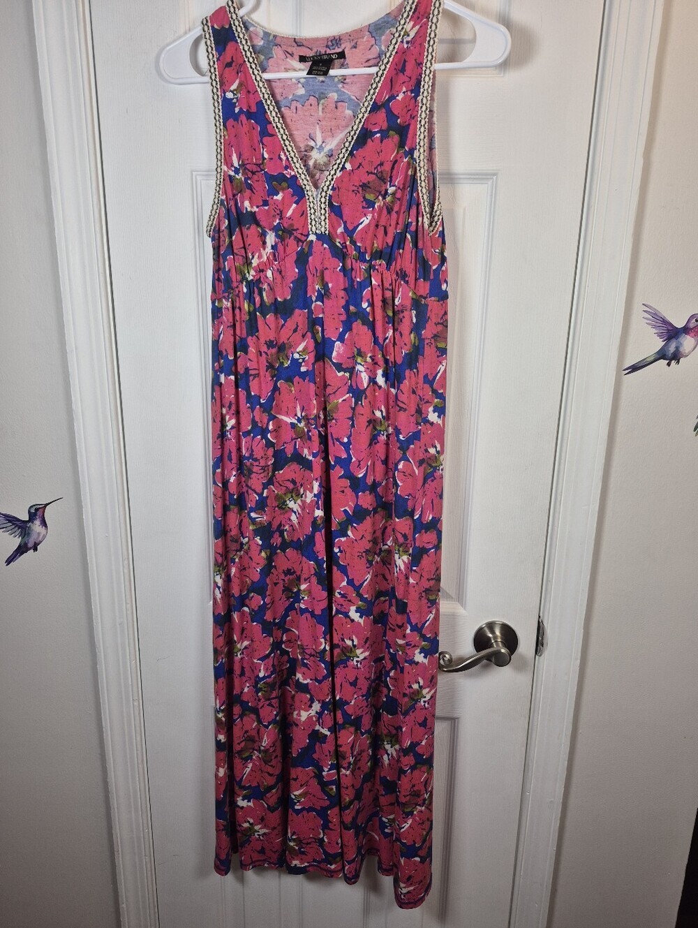 Lucky Brand Floral Cotton Maxi Dress S Boho Pink Blue Crochet Trim